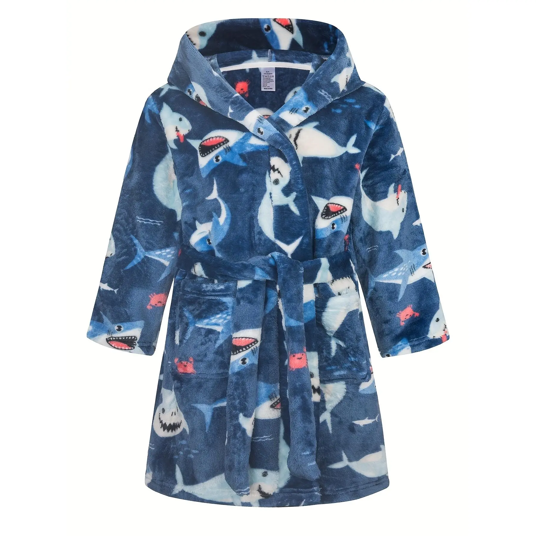Boys' Bathrobe with Hood, Pockets, Flannel, Random Shark Print, Soft And Comfortable Party Homewear, Bathrobe, Gift for 2-11 Year Old Children