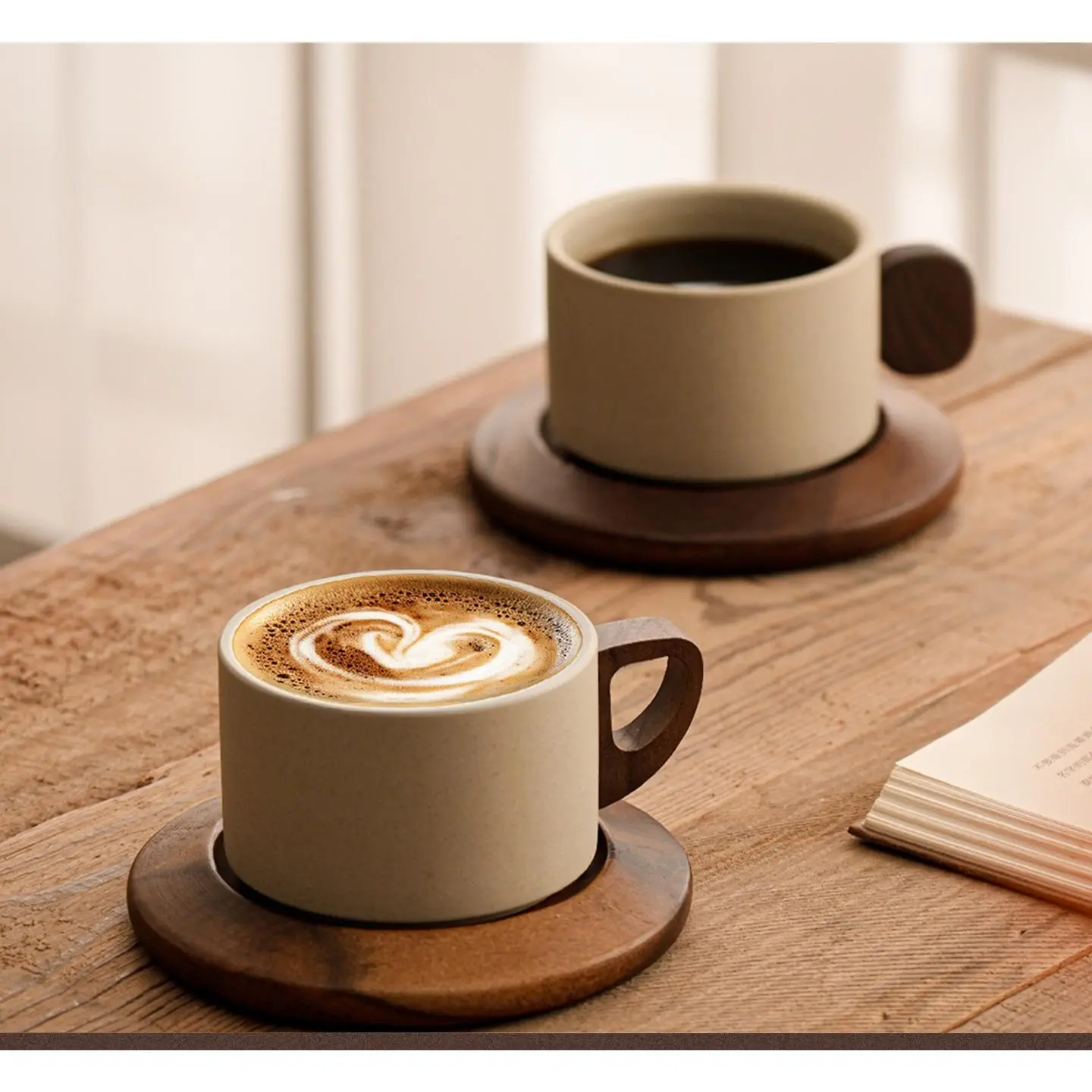 250ml minimalist high-end vintage wooden clay coffee cup, mid-century style floral tea mug, coffee cup set with wooden coaster