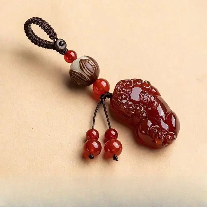 Creative Polished Quartz Stone Bodhi Small Lotus & Pixiu Keychain Pendant, Hand Woven Key Chain, Unisex Couple Car Key Hanging Ornament, Romantic Couple Gift & Fashion Bag Charm Accessory