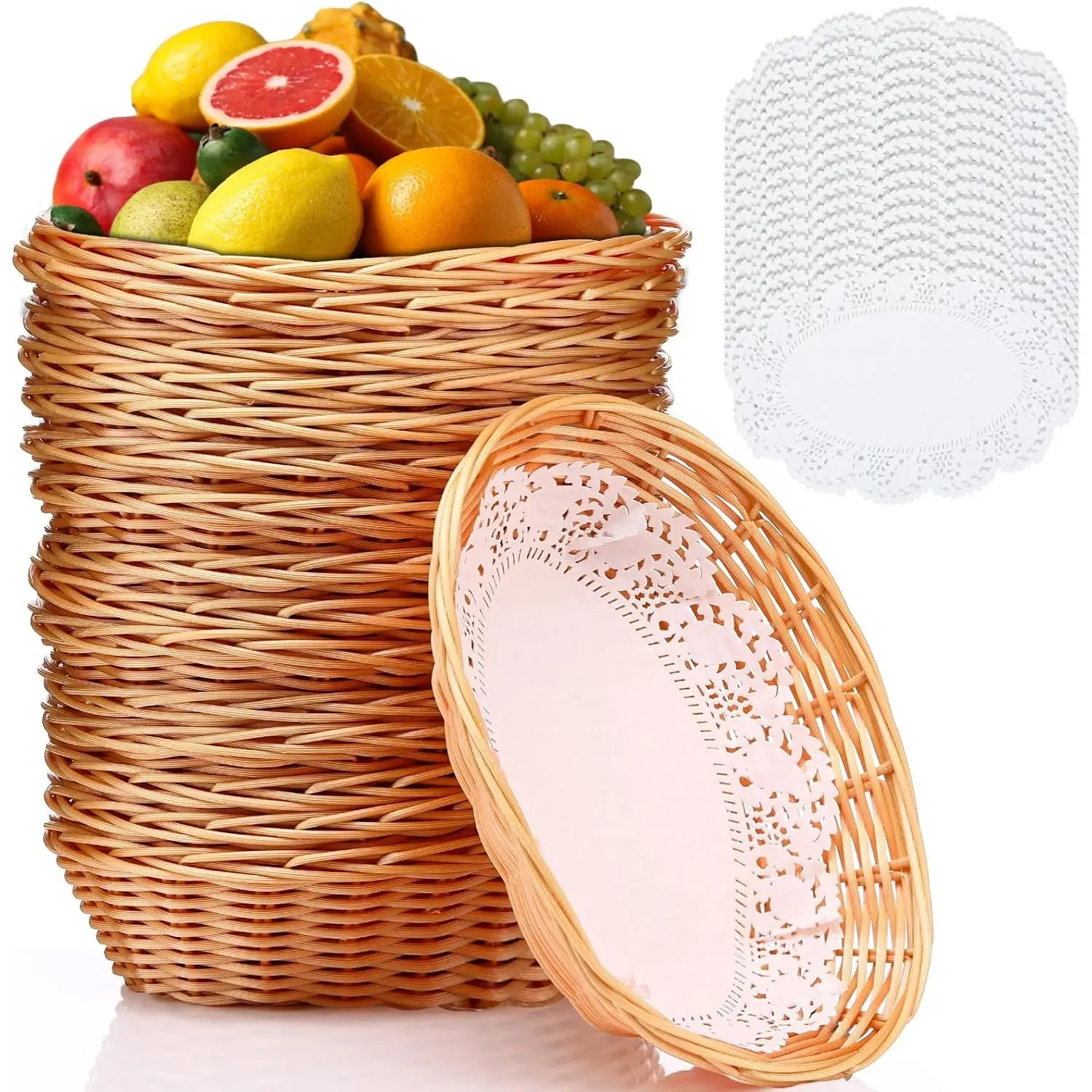Honeydak 16-Piece Oval Small Plastic Wicker Bread Basket Set, 2.36x9x6.7 in Woven Storage Baskets for Kitchen Serving, Picnic, Brown with 50 Food Blotting Sheets (Ideal for Food, Fruit Storage & Gifting), Pack