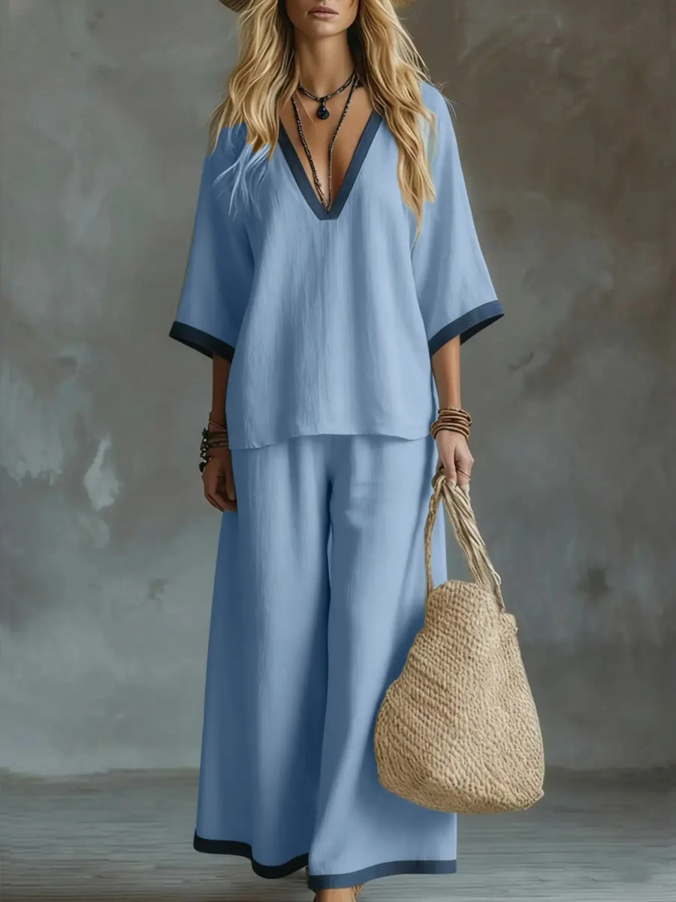 2026 New Arrival Women's V-Neckline Half Sleeve Plain Color Relaxed Fit Long Trousers Set Casual Fashion for Summer Vacation Work Daily Errands Wear