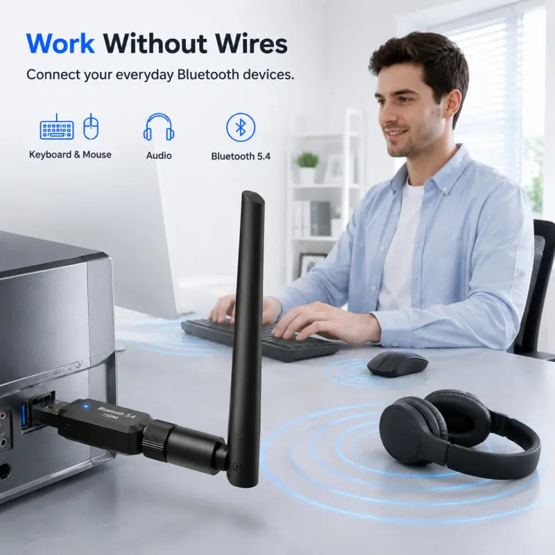 Bluetooth Dongle USB Bluetooth 5.4 150M Open Area Coverage Receiver Transmitter Built In Light Indicator Stable Wireless Sync For Desktop Laptop Bluetooth Headset Speaker Mouse Gamepad Windows System