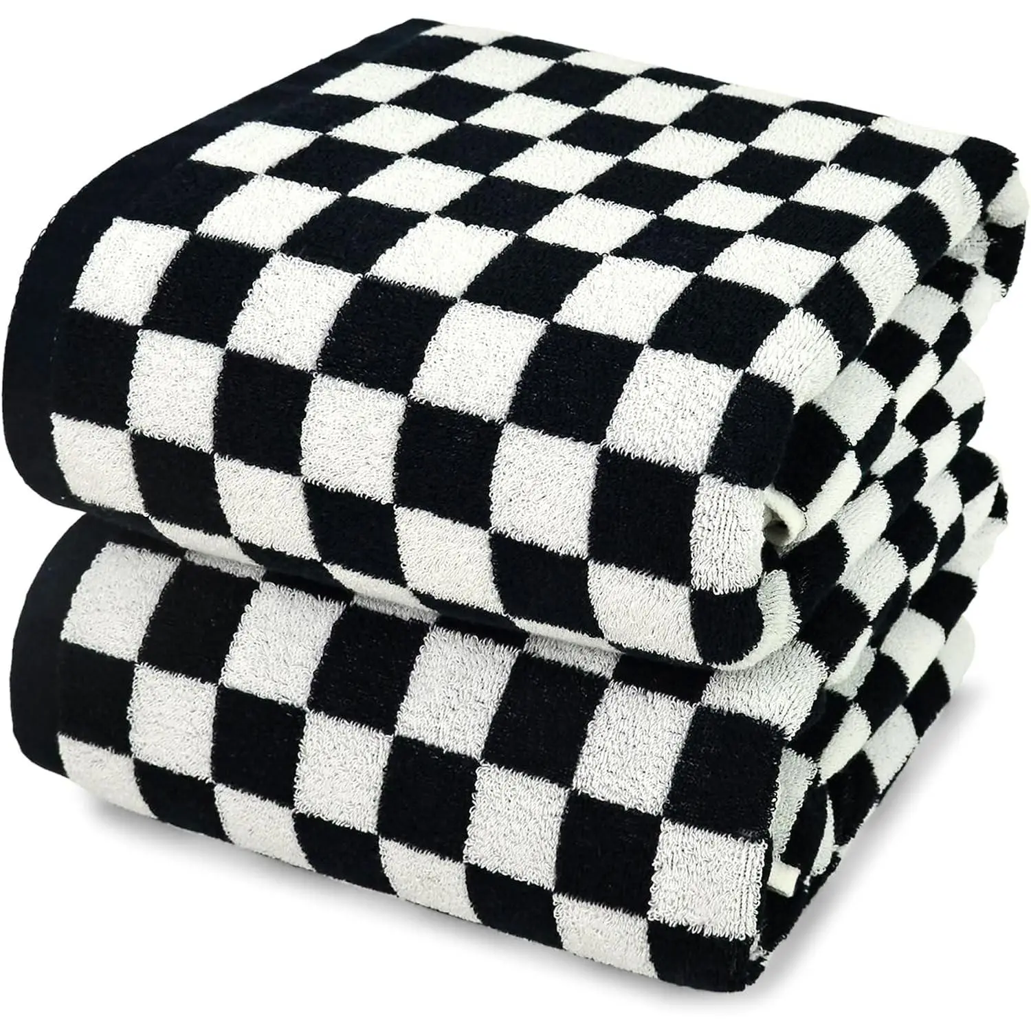 Jacquotha Black and White Checkered Cotton Bath Towels Set of 2 | Cute Aesthetic Towels for Bathroom Decor, Pool, Beach, Spa, 27.5" x 55"