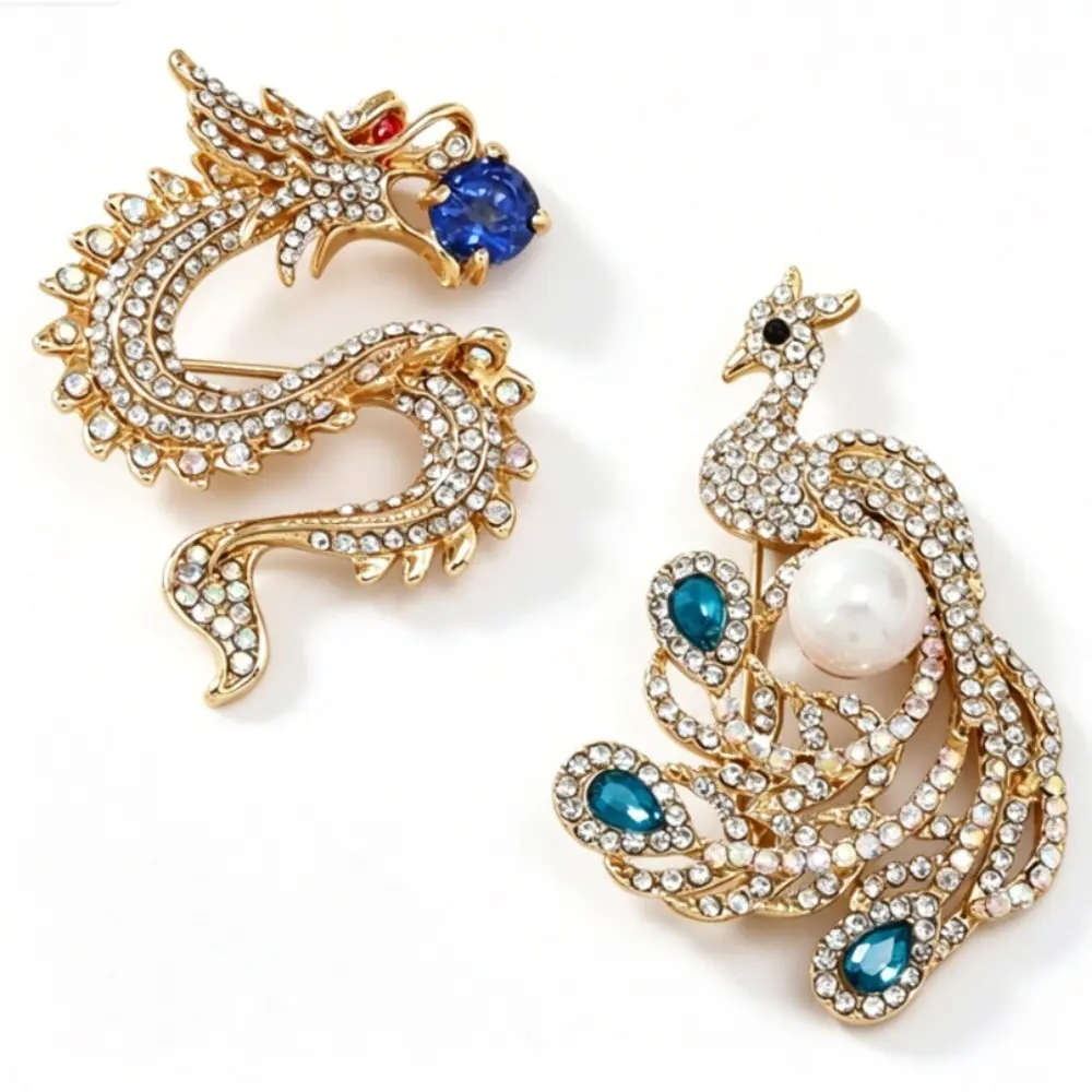 2 Styles Dragon Phoenix Brooch Set Gold Plated Full Clear Rhinestone with Blue Gem & Pearl, Chinese Style Matching Pin