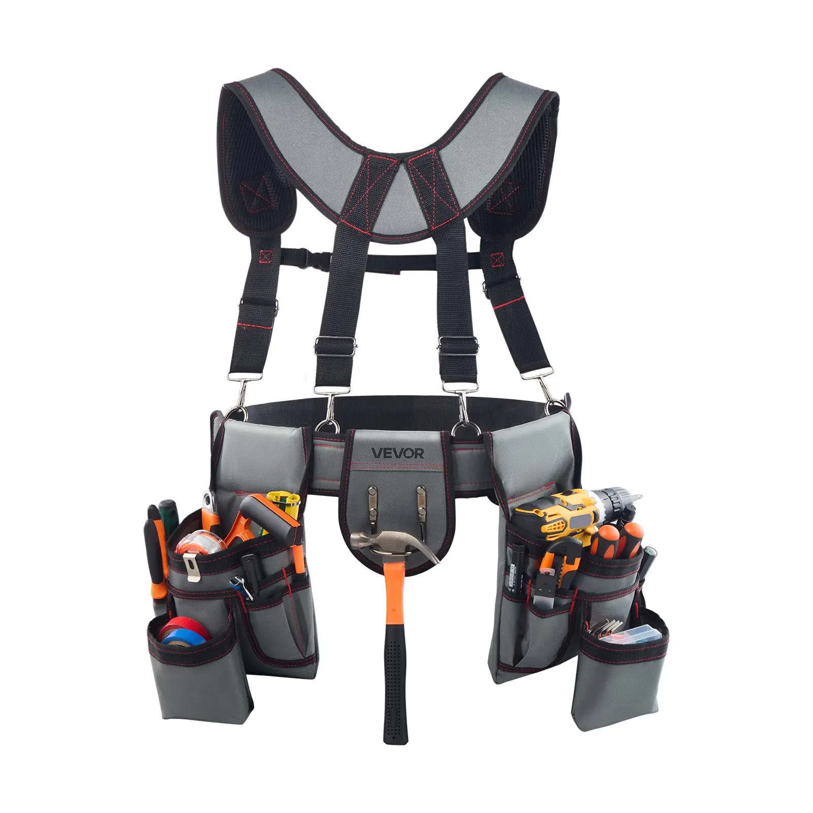 【DealsForYouDays】VEVOR Tool Belt, 22 Pockets Tool Pouch with Suspenders for Men, Heavy Duty Adjustable Utility Belt Bag Suspenders for Electrician, Carpenter, Construction, Work Apron Organizer Waist Adjust 32 to 68in