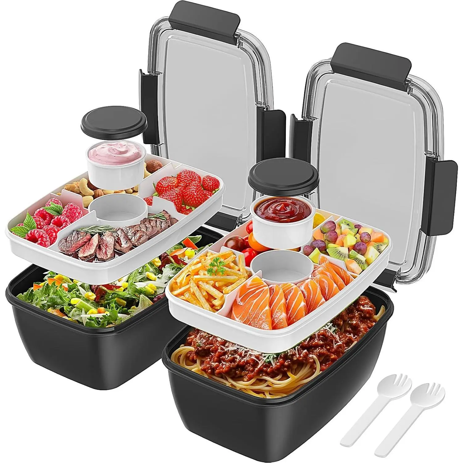 2 Pack 68oz Salad Lunch Container, Leak Proof BPA-Free Salad Bowls with 4 Compartments Tray, Sauce Container & Fork for Men Women, Portable Snack Lunch Box for Dressings - Black