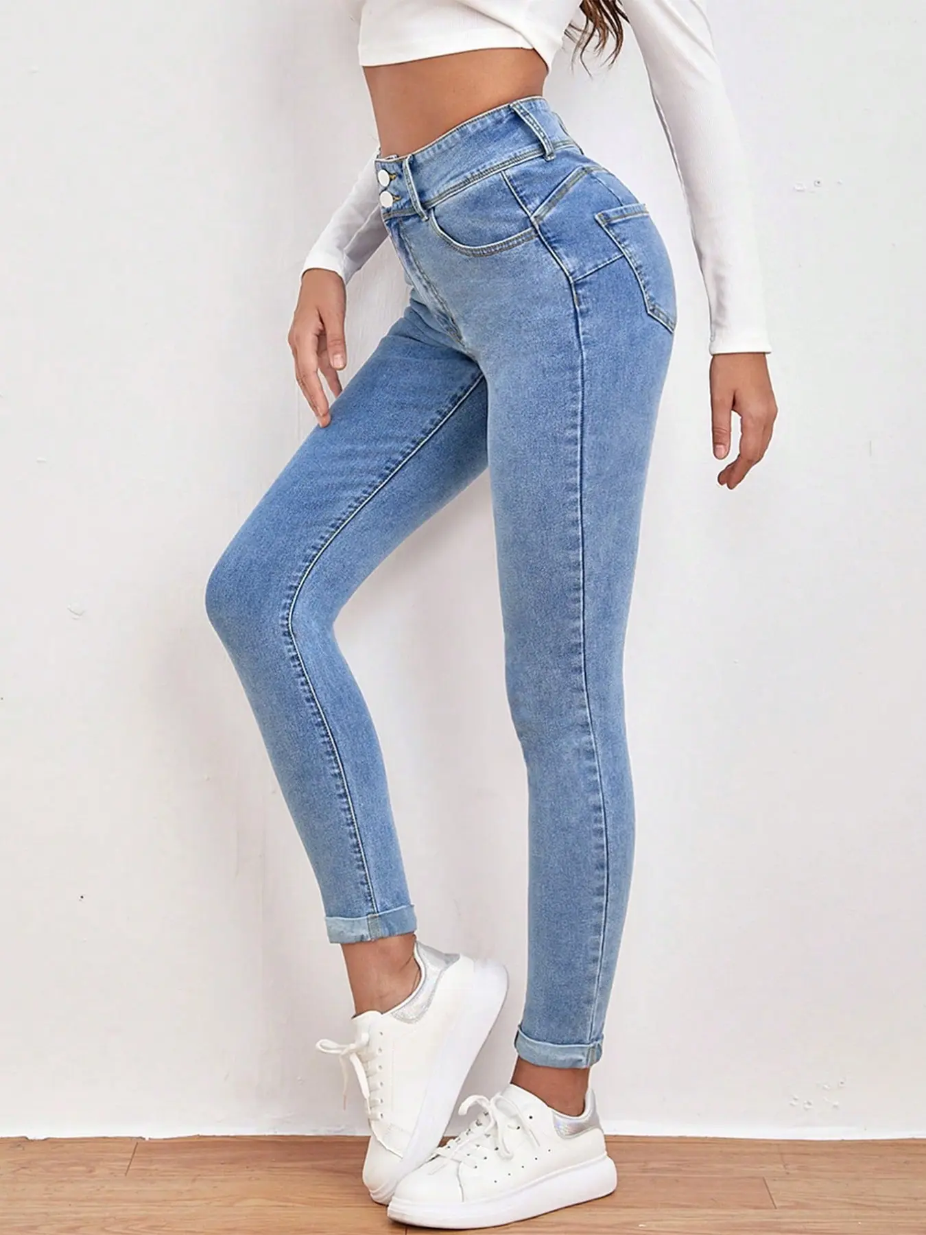 Women's High-Waisted Classic Washed Pencil Jeans, Elegant Street Style, Suitable for Fall Winter Spring, Fashionable and Comfortable