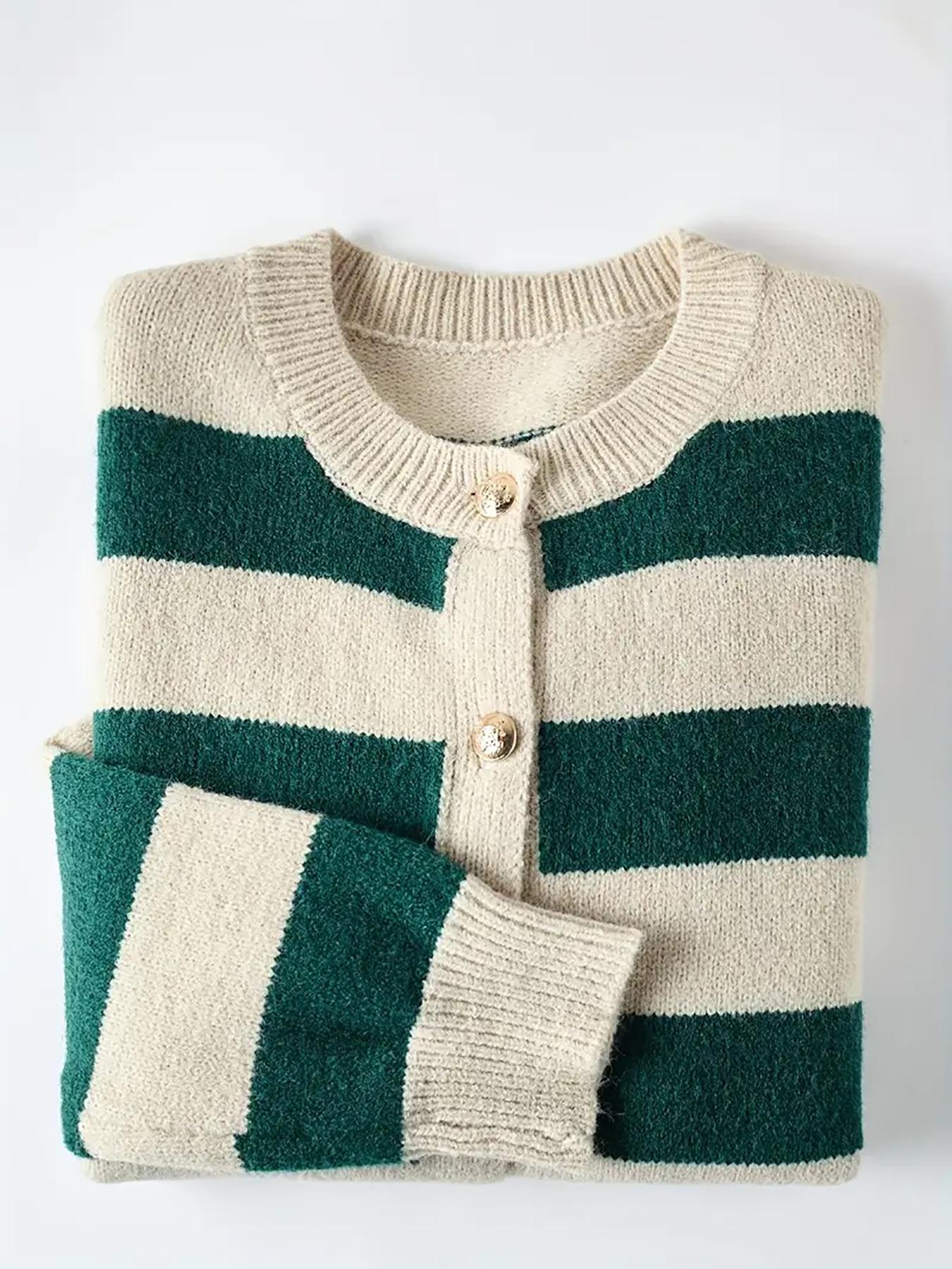 Women's Fall Winter Casual Loose-Fit Knitted Cardigan, Round Neck Colorblock Striped Sweater Coat, Soft Comfortable High-End Design