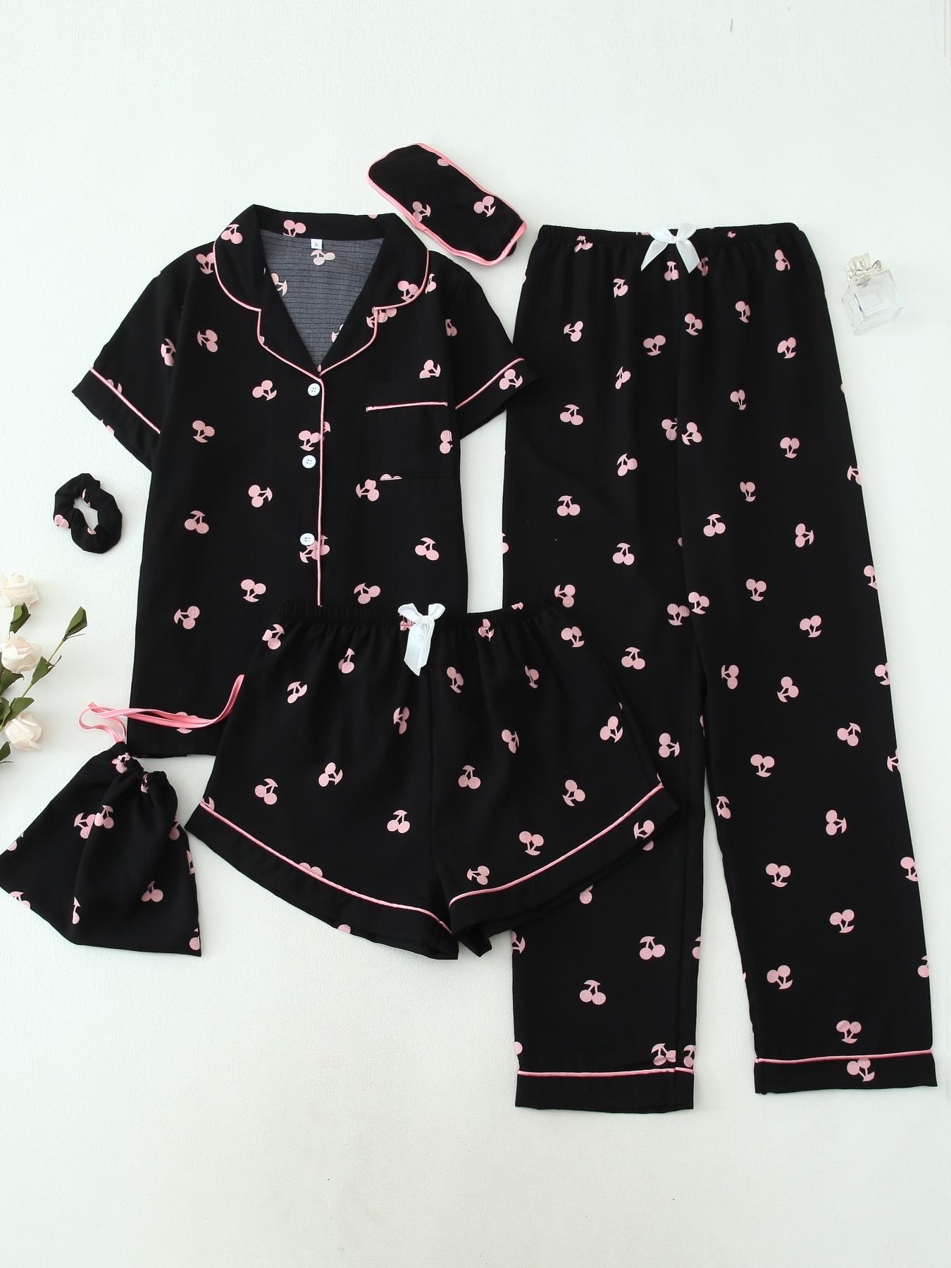 Women's Two-Piece Set All Over Cherry Print Contrast Binding Pyjama Set, Casual Elegant Lapel Pocket Shirt & Elastic Waist Pants & Shorts & Scrunchie & Eye Mask & Storage Bag, Women's Sleepwear for All Seasons, Matching, Womenswear, Pajama Set, Pajamas