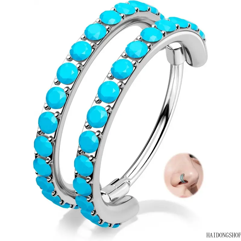 Boho Western Double Hoop Hinged Clicker Nose Ring, Even Aligned Turquoise Stone Inlaid Unisex Piercing Jewelry, Edgy Stackable Accessory For Men Women Daily Rodeo Festival Street Outfits,cat
