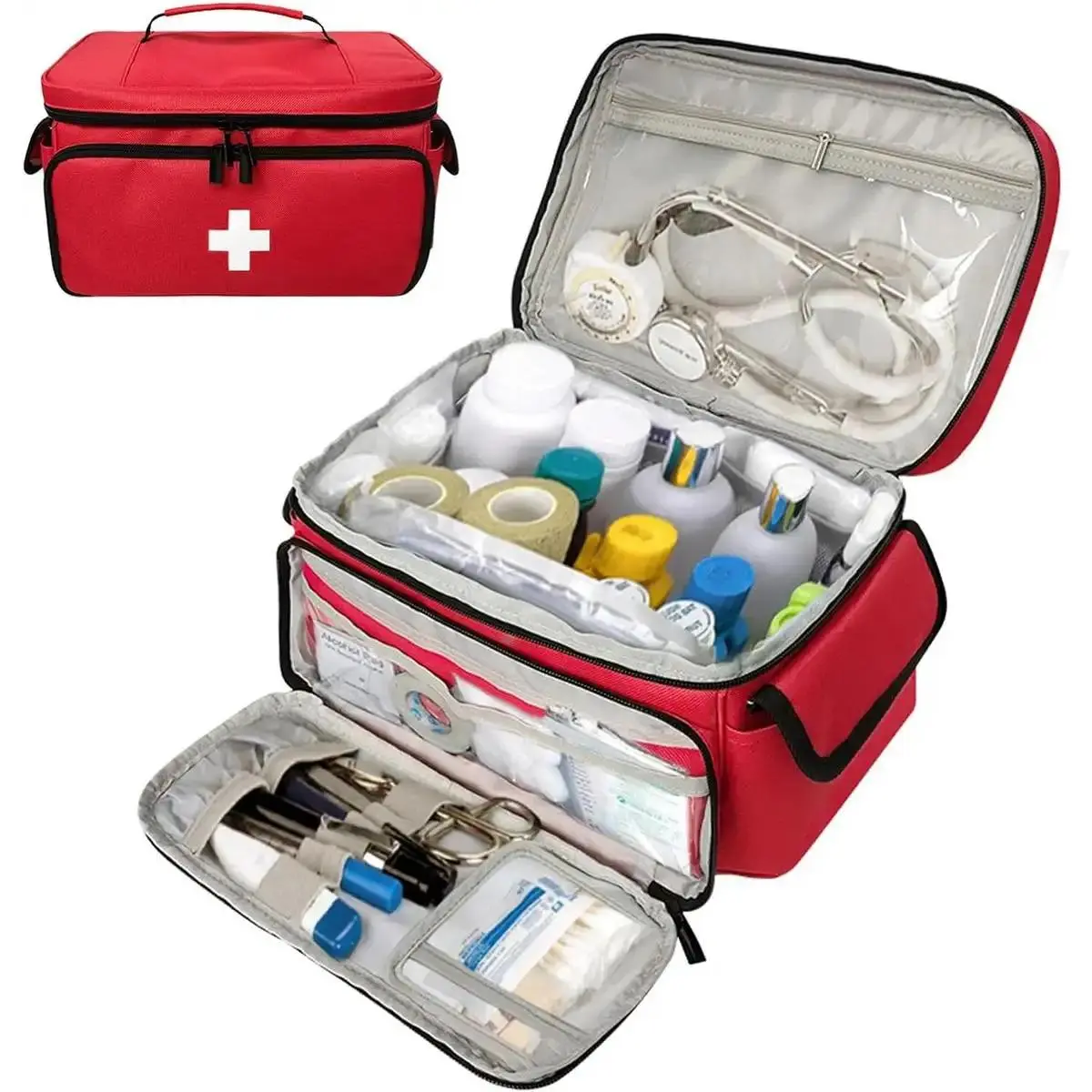 Medicine Storage Bag Empty Bag, Family Health Care Bag, Medicine Bottle Storage Box, Caregiver Medicine First Aid Travel Bag, Red