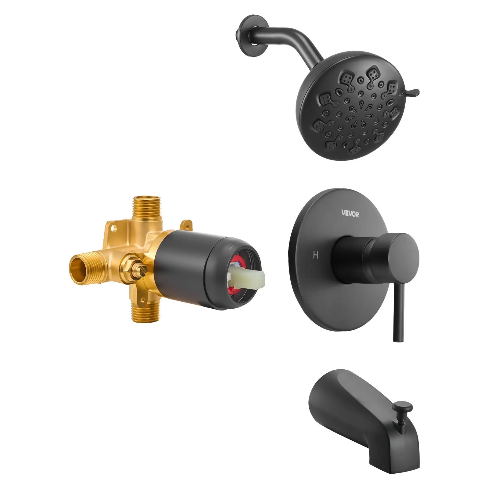 VEVOR Matte Black Single-Handle Tub and Shower Faucet Set with 4.7-in Rain Shower Head, Bathtub Spout, 9-Setting Adjustable Spray, Brass Pressure Balancing Valve, ABS Components, NPT 1/2-in Fit for Hotels, Shower Heads