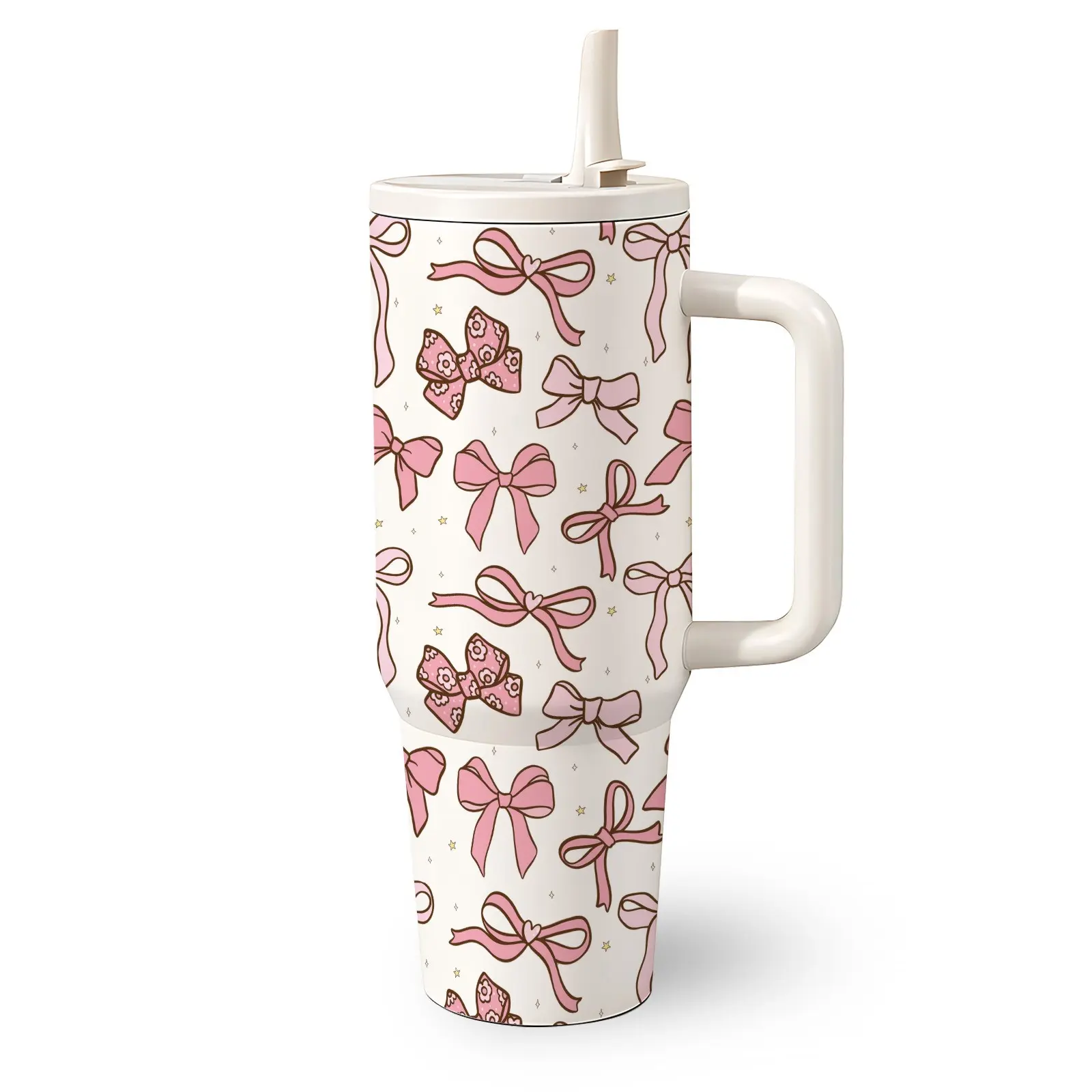 1 Pc 40 Oz Stainless Steel Tumbler with Handle and Folding Straw, Pink Bow Design, Double Wall Insulated Travel Mug, Hot 12H Cold 24H, Birthday, Valentine's Day, Graduation or Holiday Gift, Insulated Vacuum Tumbler