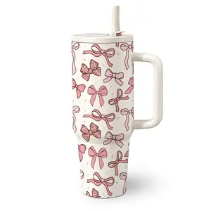 1 Pc 40 Oz Stainless Steel Tumbler with Handle and Folding Straw, Pink Bow Design, Double Wall Insulated Travel Mug, Hot 12H Cold 24H, Birthday, Valentine's Day, Graduation or Holiday Gift, Insulated Vacuum Tumbler