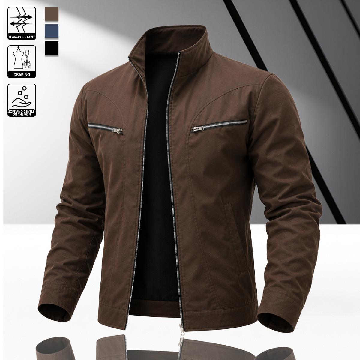 Men’s vintage-style brown work jacket made from durable woven fabric with neat stitching, featuring a classic stand collar and a clean silhouette that enhances a refined look-ideal for dates, office casual wear, and urban strolls.