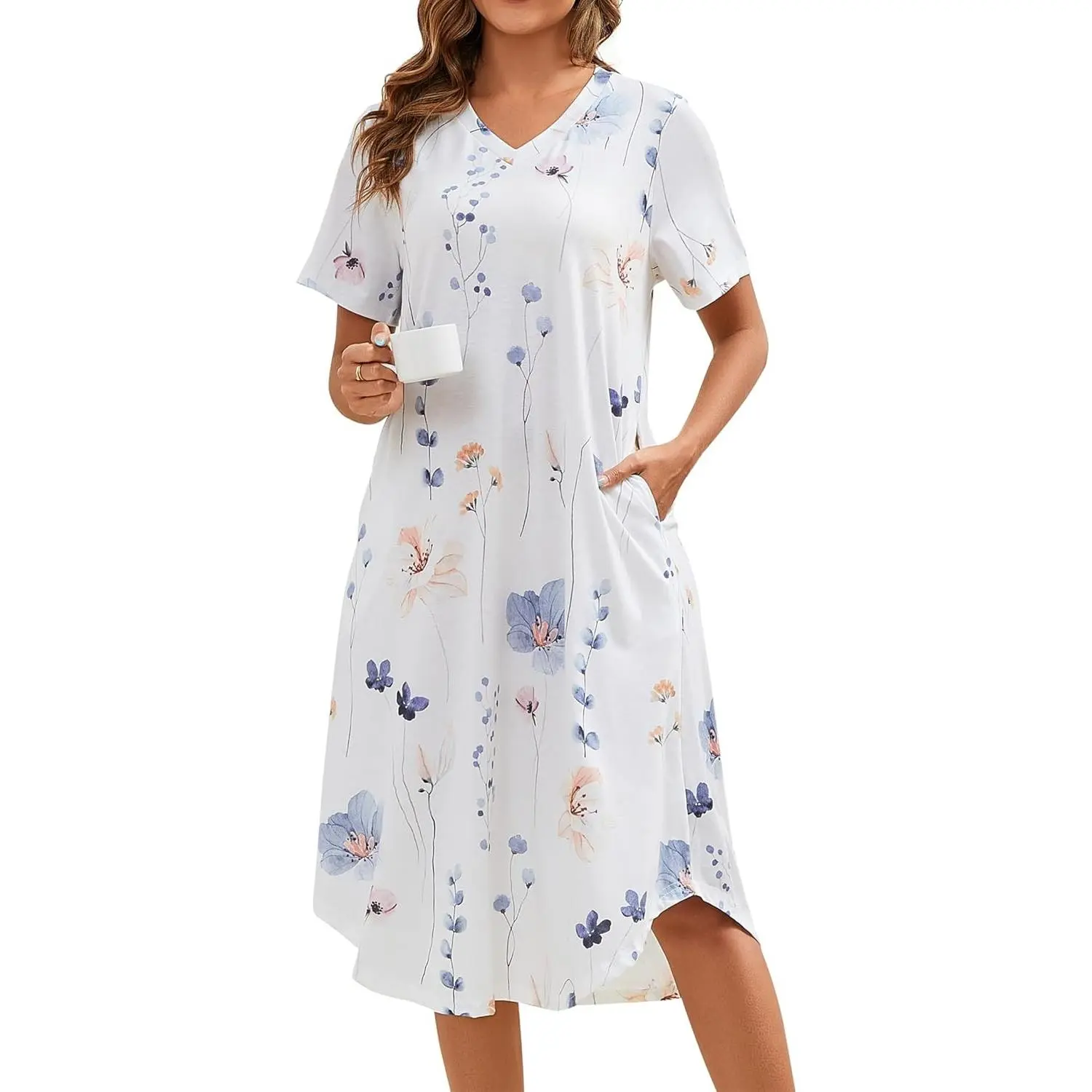 Ladies' Cotton Short-Sleeve Long Nightgowns with Pockets - Modest Floral Nightwear Loungewear Gift, Soft