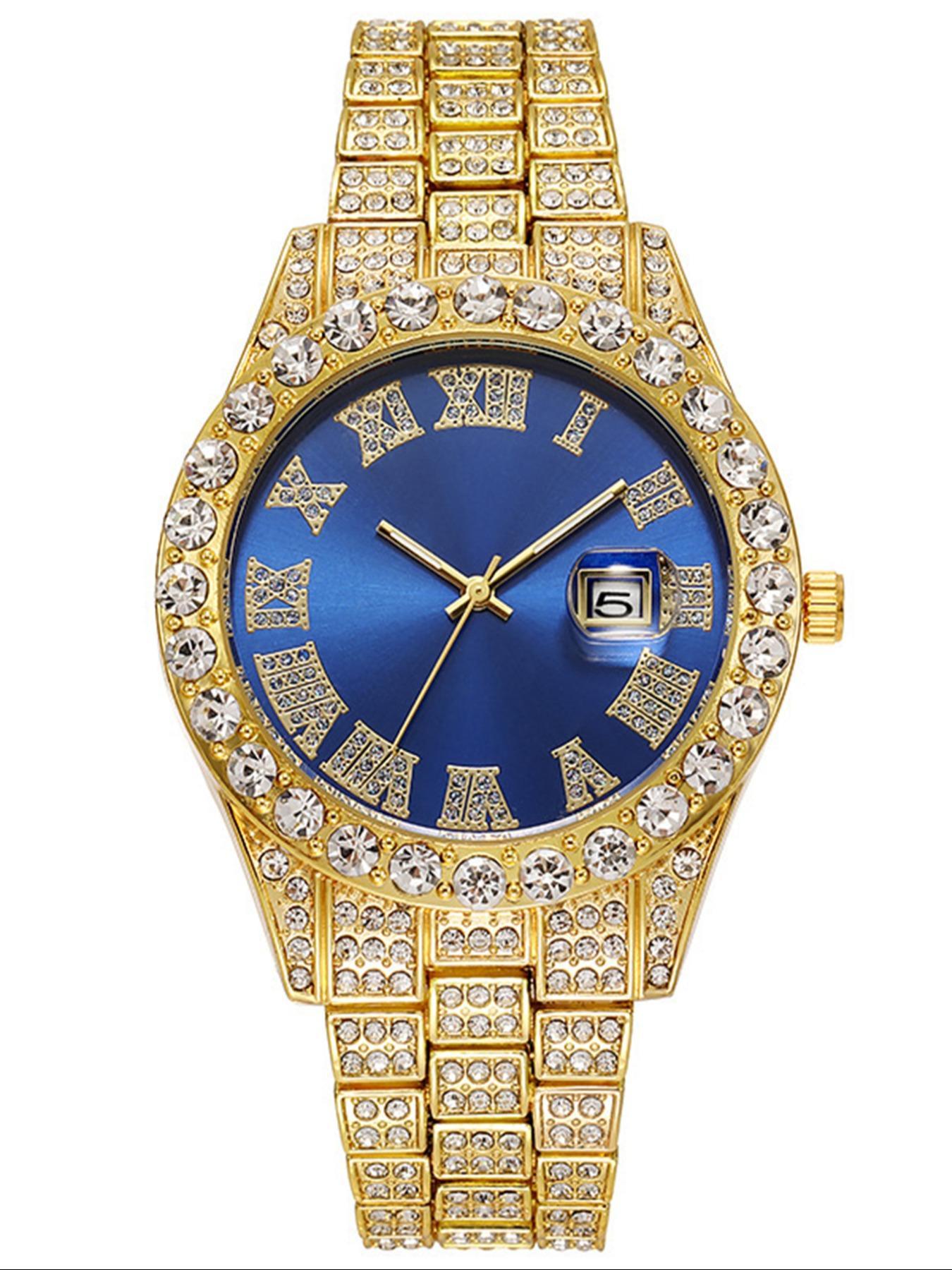 Men's Luxury Rhinestone Decorated Quartz Watch & Jewelry Set, Including Round Dial Watch & Bracelet & Necklace, Fashion Watch Set for Party, Daily Decor Men's Luxury Rhinestone Decorated Quartz Watch & Jewelry Set, Including Round Dial Watch & Bracelet & Necklace, Fashion Watch Set for Party, Daily Decor