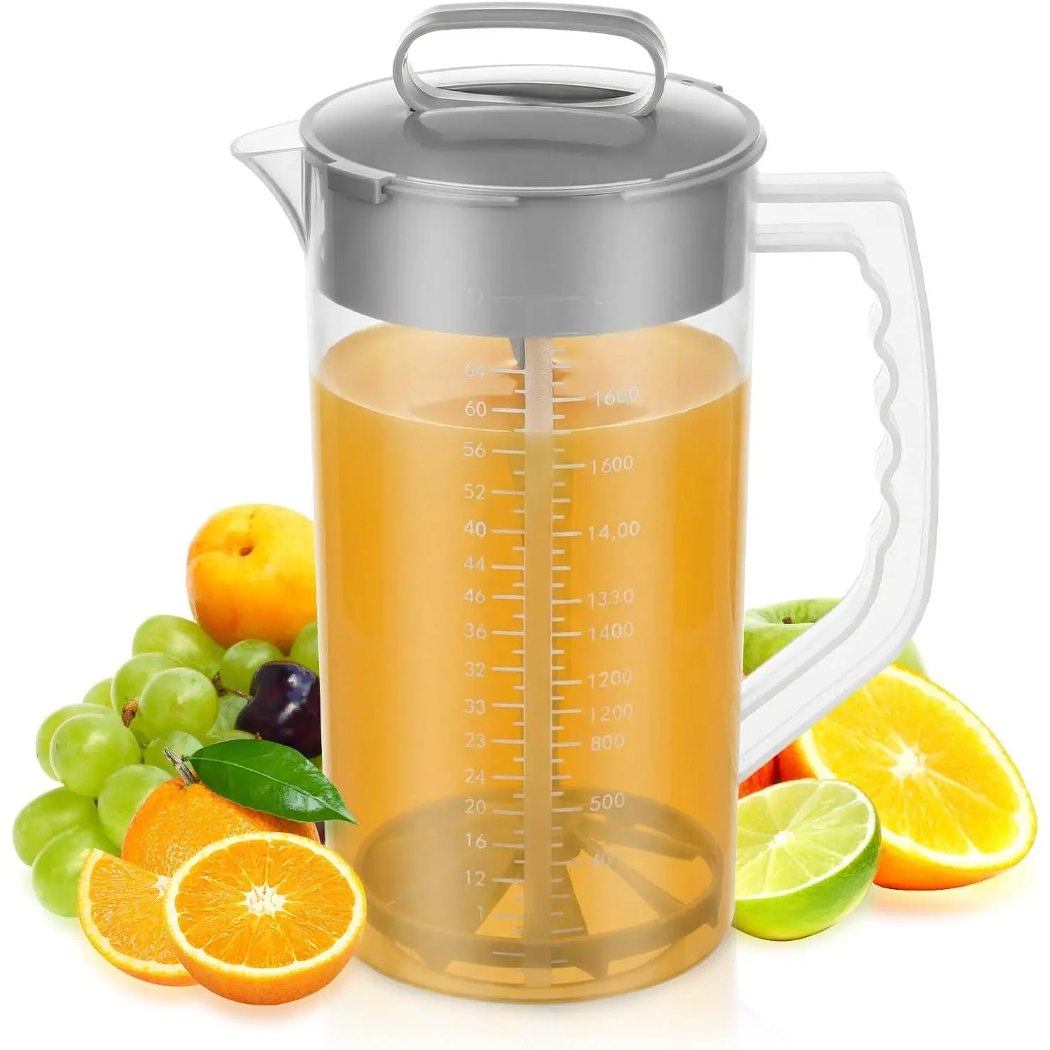 2 Quart/64oz Mixing Pitcher with Adjustable Plunger & Lid - BPA-Free Drink Container for Juice, Formula, Tea - Wide Mouth, Easy Clean, Vortex Mixing Technology