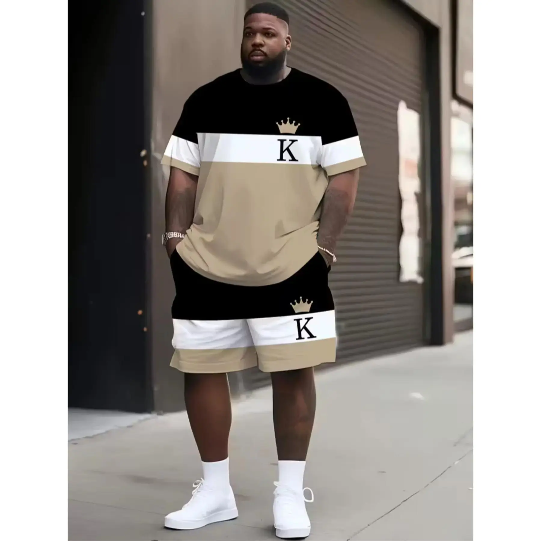 Men's Plus Size 3D Digital Print Colorblock Casual Sporty Short Sleeve Crewneck T-Shirt and Shorts Set, Outfit, Loose Fit, Modern Style, All Seasons, Menswear Clothes