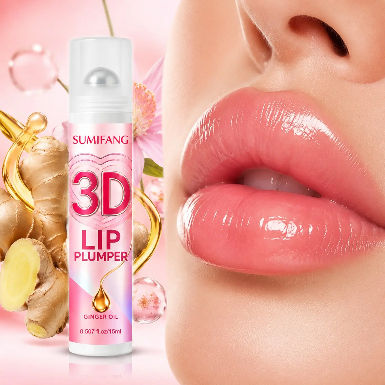 Ginger Essential Oil Volumizing Lip Serum features a silky, lightweight gel texture that is non-sticky, creating plump, glossy, glass-like lips. Portable for on-the-go touch-ups, it provides all-day hydration and repair for dry lips.