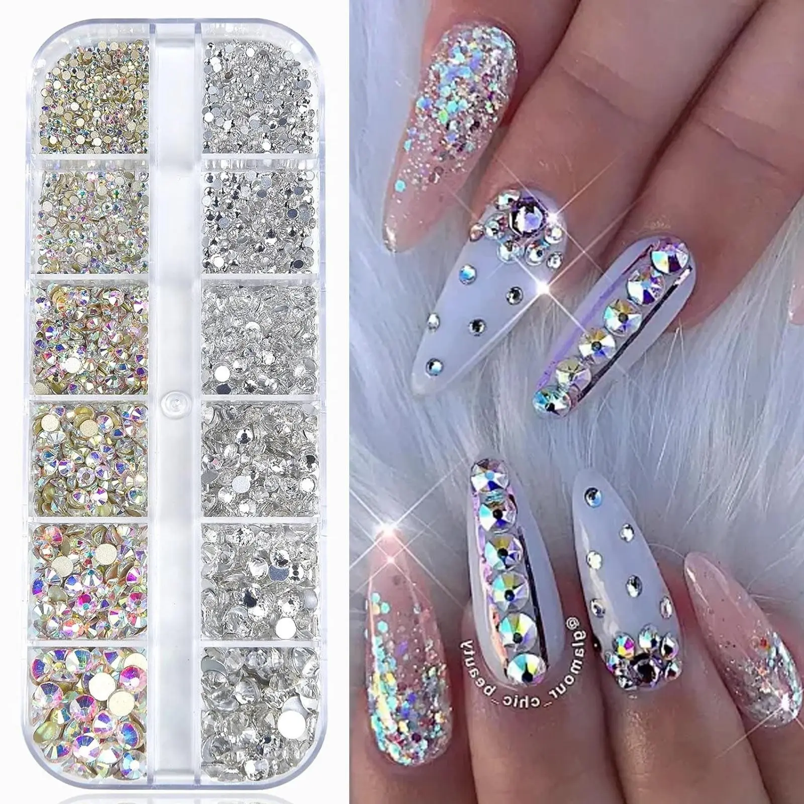 12-Piece Glass Nail Rhinestones Set, DIY Flat Back Glass Drills, 4mm-15mm, Transparent 3D Crystal Nails, Nail Art Accessories, Nail Gems