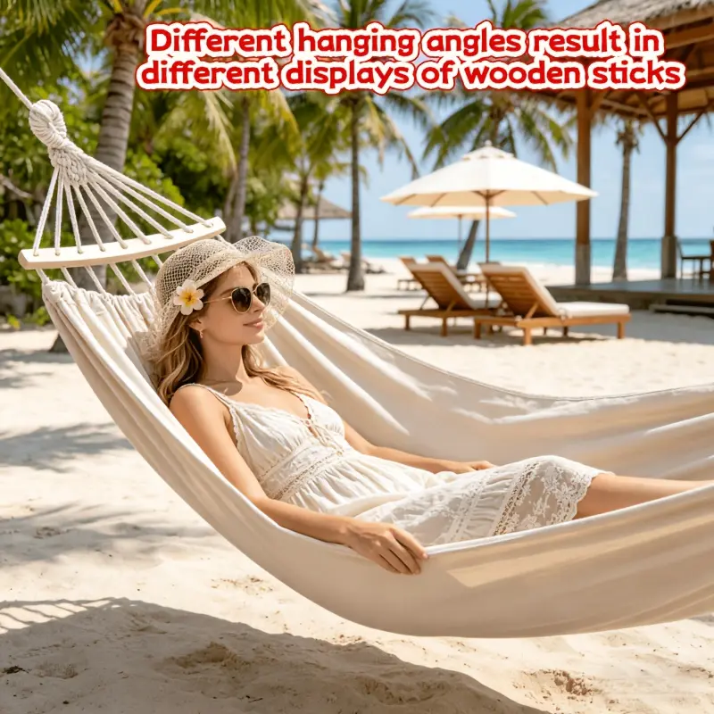 Twin Capacity Handmade Hammock, 265x150cm Thickened Widened Polyester Mesh, Anti-Roll, Equipped with Ropes & Storage Bag, for Outdoor Hangout, Park Use