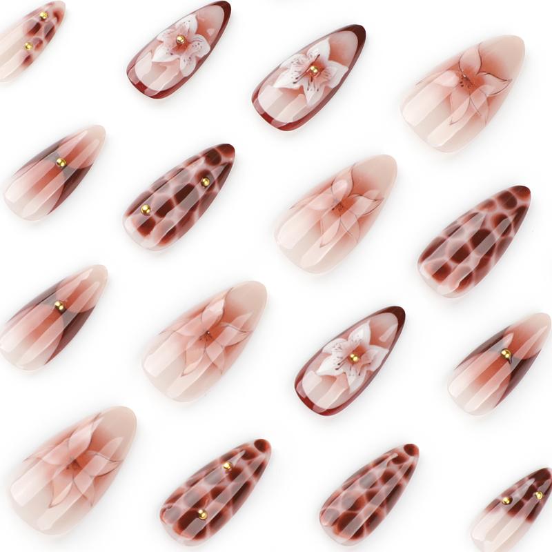 European and American Hot-Selling Marble Crack Wearable Nails Medium Short Almond Fake Nails 3D Flower Wearable Nail Tips Wholesale