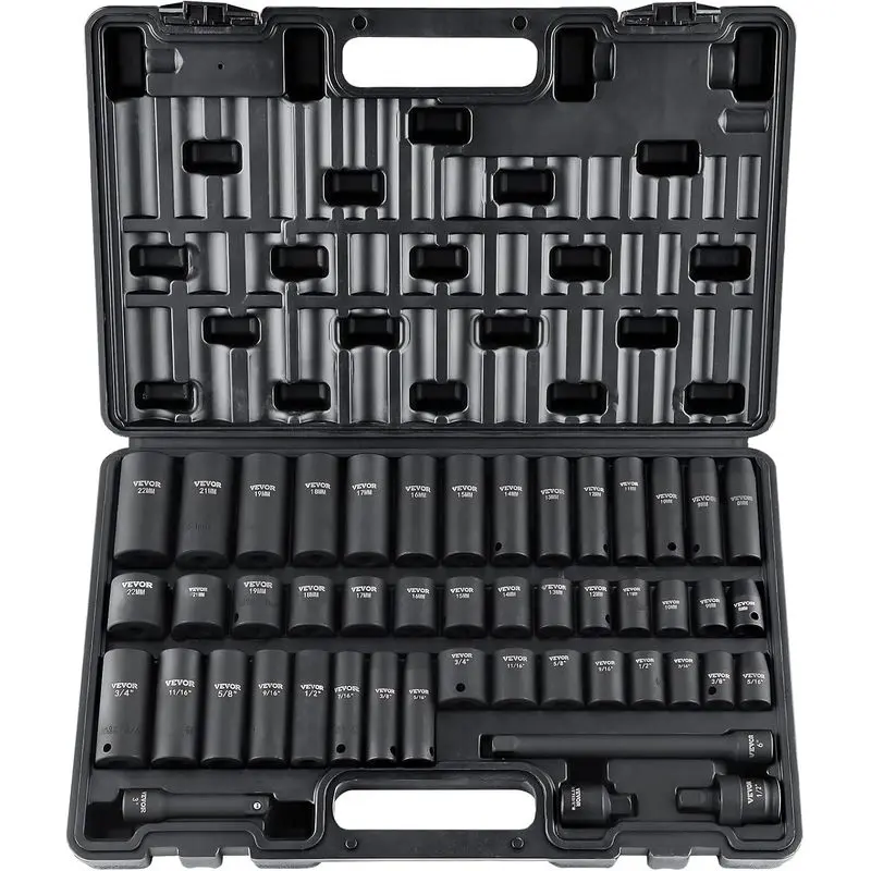 CR-V Steel 48-Piece Multi-Size Impact Socket Set, 3/8" Drive, SAE/Metric Mix - Standard SAE (5/16-3/4 in), Metric (8-22 mm), Deep/Shallow, 6-Point, Extension Bar, Universal Joint, 1/2" F to 3/8" M Reducer