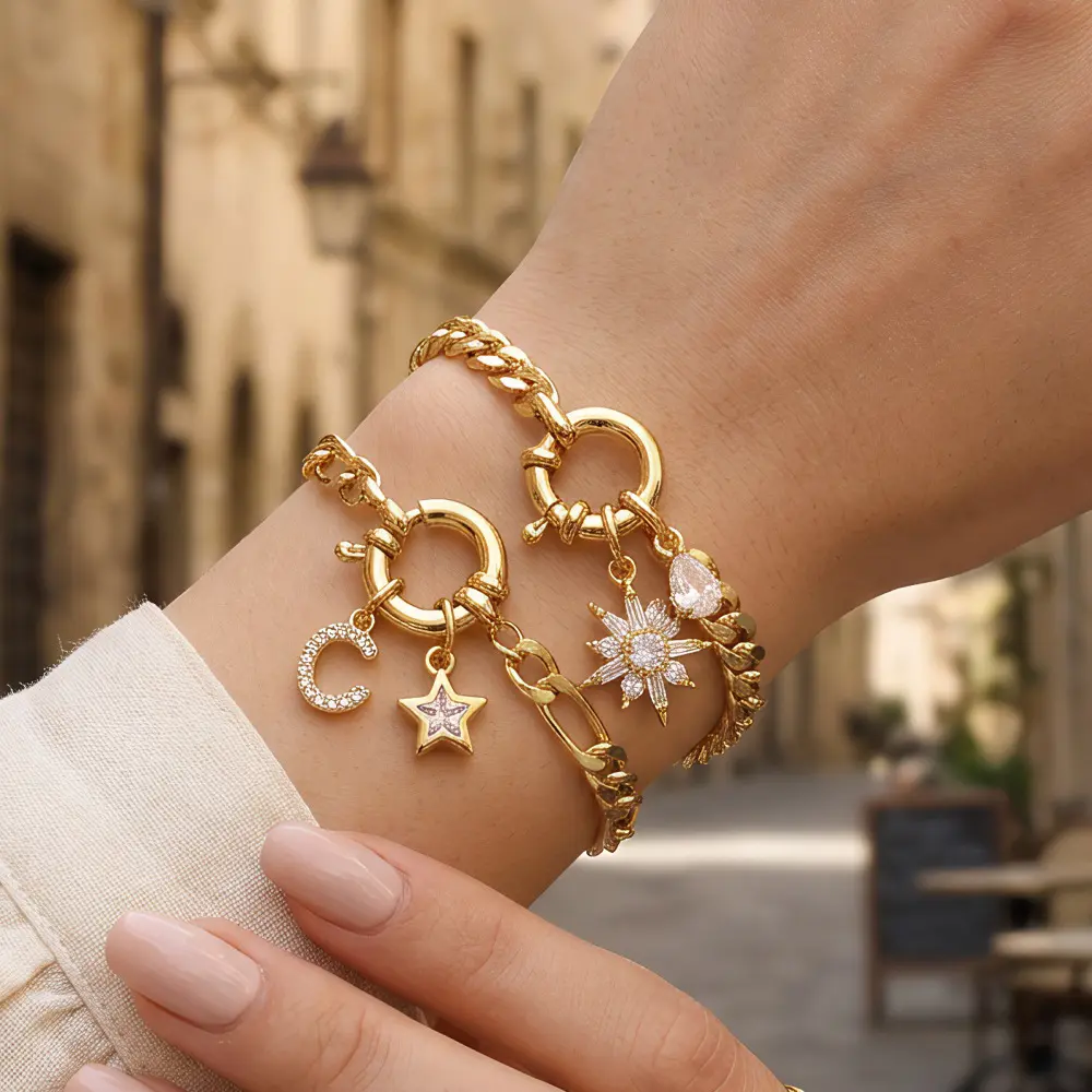 Women's Detachable Zircon Cuban Chain Bracelet - Double Locking Foldover Clasp, Multiple Pendants, Zircon Accents, Light Luxury Cuban Style Bracelets & Bangles Fashion Accessory