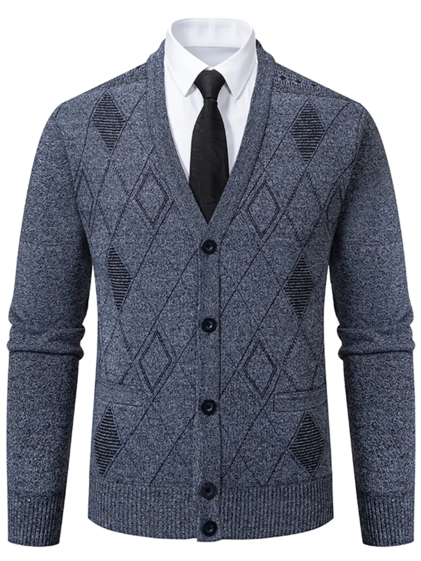 Men's V Neck Argyle Knit Cardigan, Long Loose-Fitting Button Closure, Fall & Winter Casual Business Leisure Top, H Type Silhouette