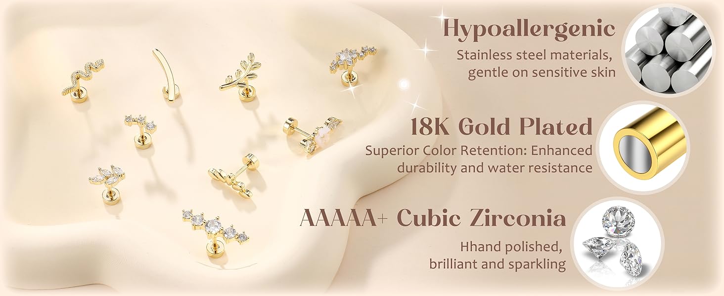 ZELORES  9Pcs Flat Back Cartilage Earrings for Women Trendy 16G Tragus Conch Helix Piercing Jewelry Stainless Steel Snake Star CZ Flat Back Stud Earrings Set