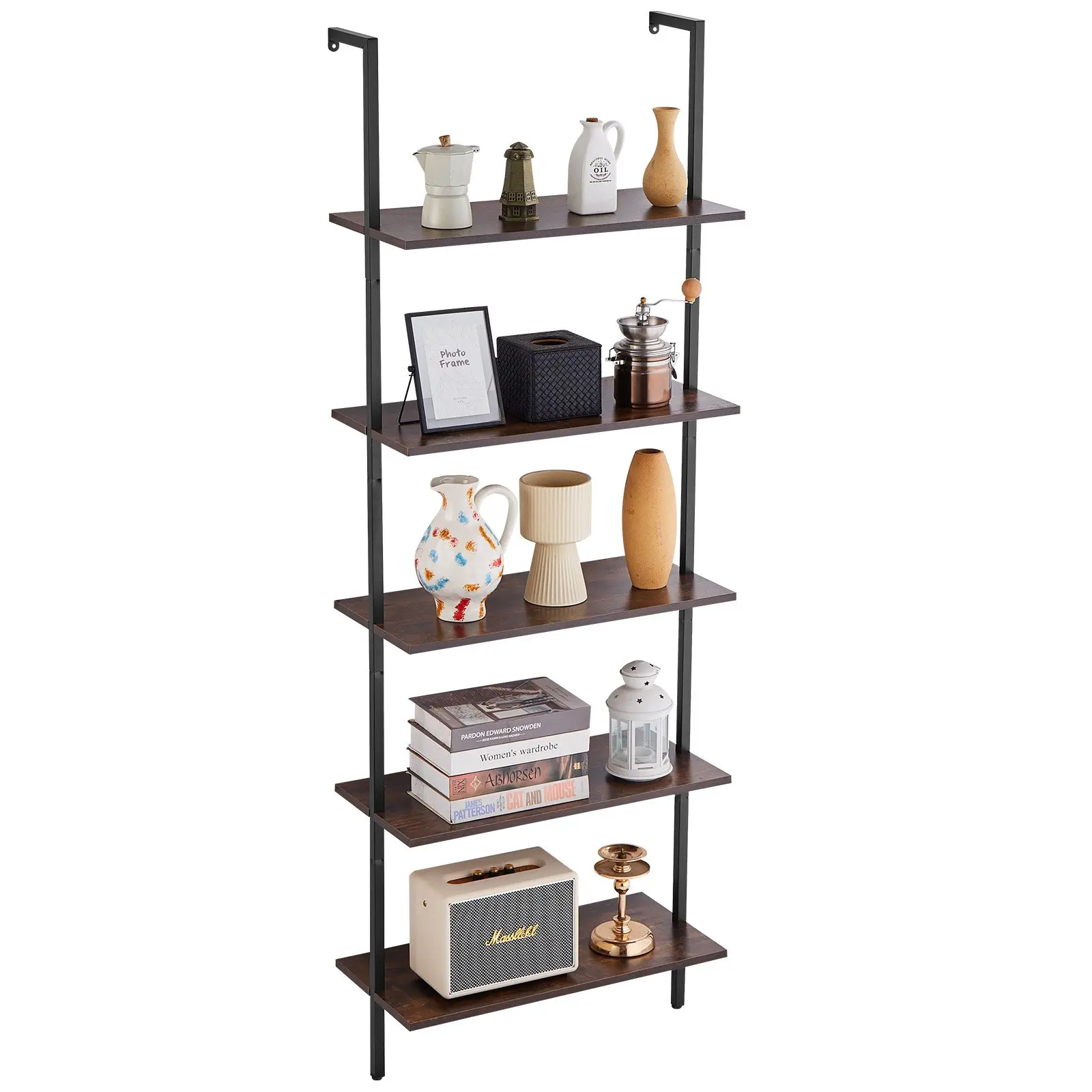 VEVOR Ladder Shelf, 5-Tier Bookshelf 24x11.8in, Open Wall-Mounted Ladder Shelf with Metal Frame, Storage Rack Sundries Holder for Kitchen Bedroom Bathroom Living Room, Black
