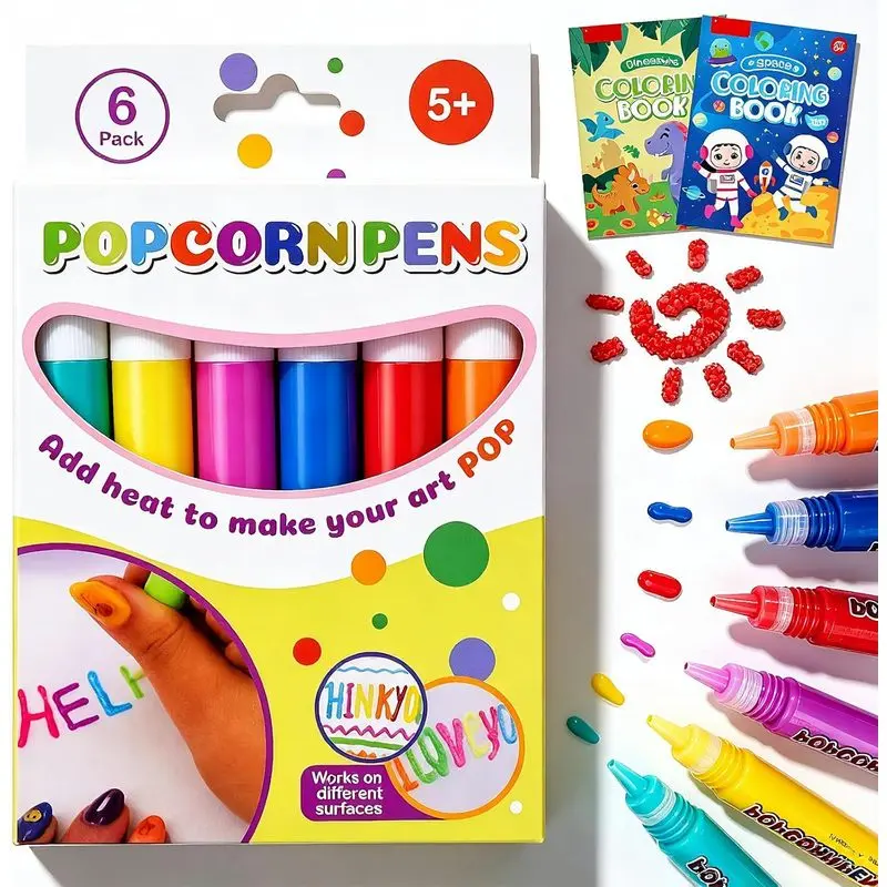 Popcorn Pens, Puffy Popcorn Pens 3d Art, 6 Colors Diy Bubble Popcorn Drawing For Greeting Birthday Cards Kids, 6PCS-1 Box