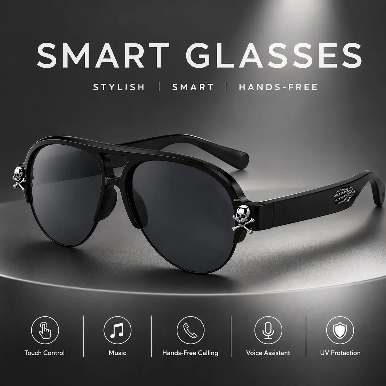 Gothic Smart Glasses, Skull Bluetooth Sunglasses with Open-Ear Audio, Built in Microphone, Voice Assistant, Touch Control and UV400 Protection