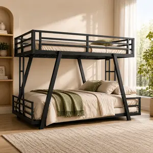 Queen over Queen Bunk Bed with 2 Side Ladders, Metal Low Profile Frame for Kids Teens Adults, Space-Saving Twin XL/Full/Queen Options, Heavy Duty Support Legs, Black Finish for Bedroom Dorm Guest Room
