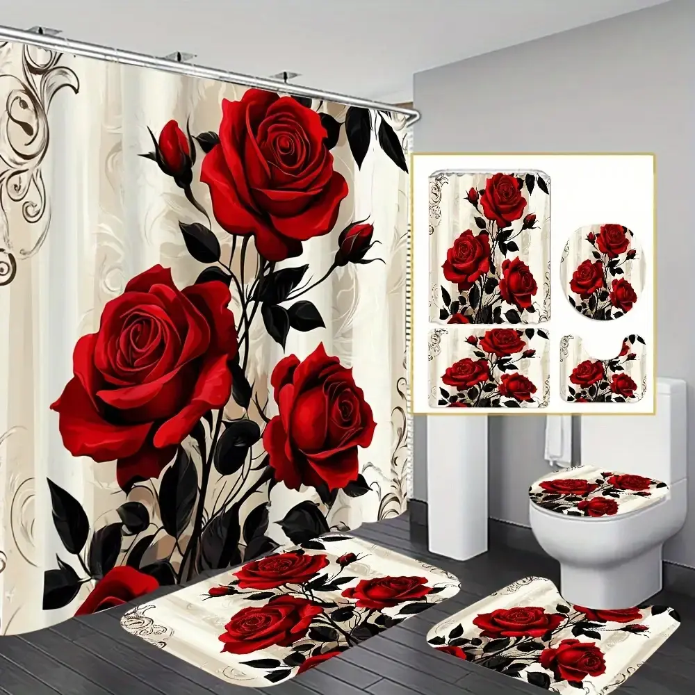 4-Piece Elegant Rose Floral Shower Curtain Set - Includes High Quality Polyester Curtains, Non-Slip, Toilet Seat, Contains 12 Hooks, Shower Curtain, U-Shape, and Toilet Cover