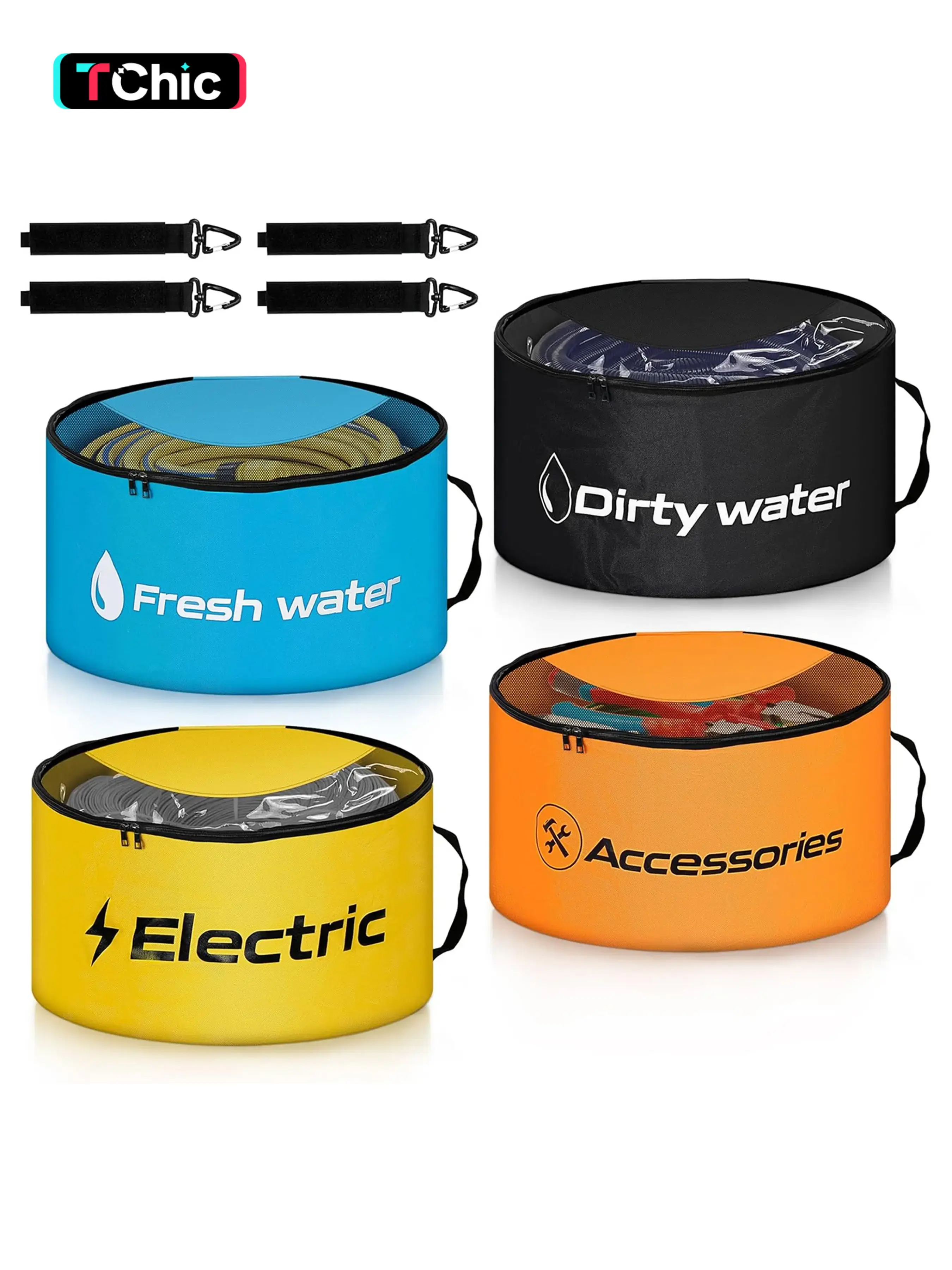 RV Sewage Hose Storage Bag Set, Waterproof RV Organizer Pack, Dual Zipper Design with Cover, Includes Tie-Down Straps, Space Saving Bags, Ideal for Garden Water Pipes