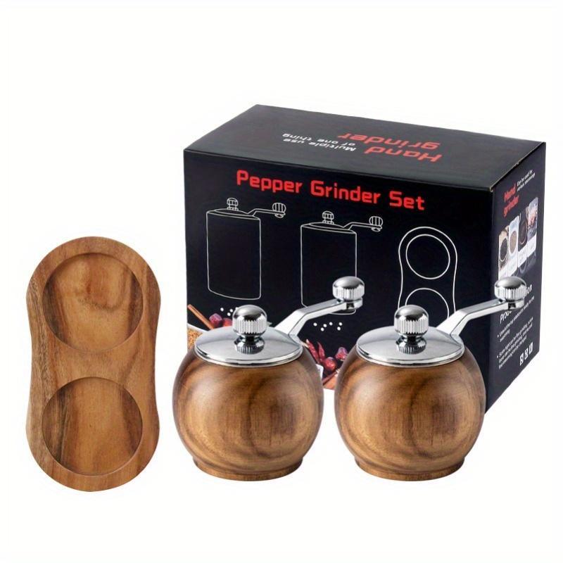 2pcs Advanced Wooden Manual Pepper Grinder - Hand-cranked Sea Salt and Black Pepper Seasoning Machine, with Wooden Stand, Adjustable Thickness, Suitable for Steak Seasoning, Kitchen Gadgets for Restaurants and Food Carts