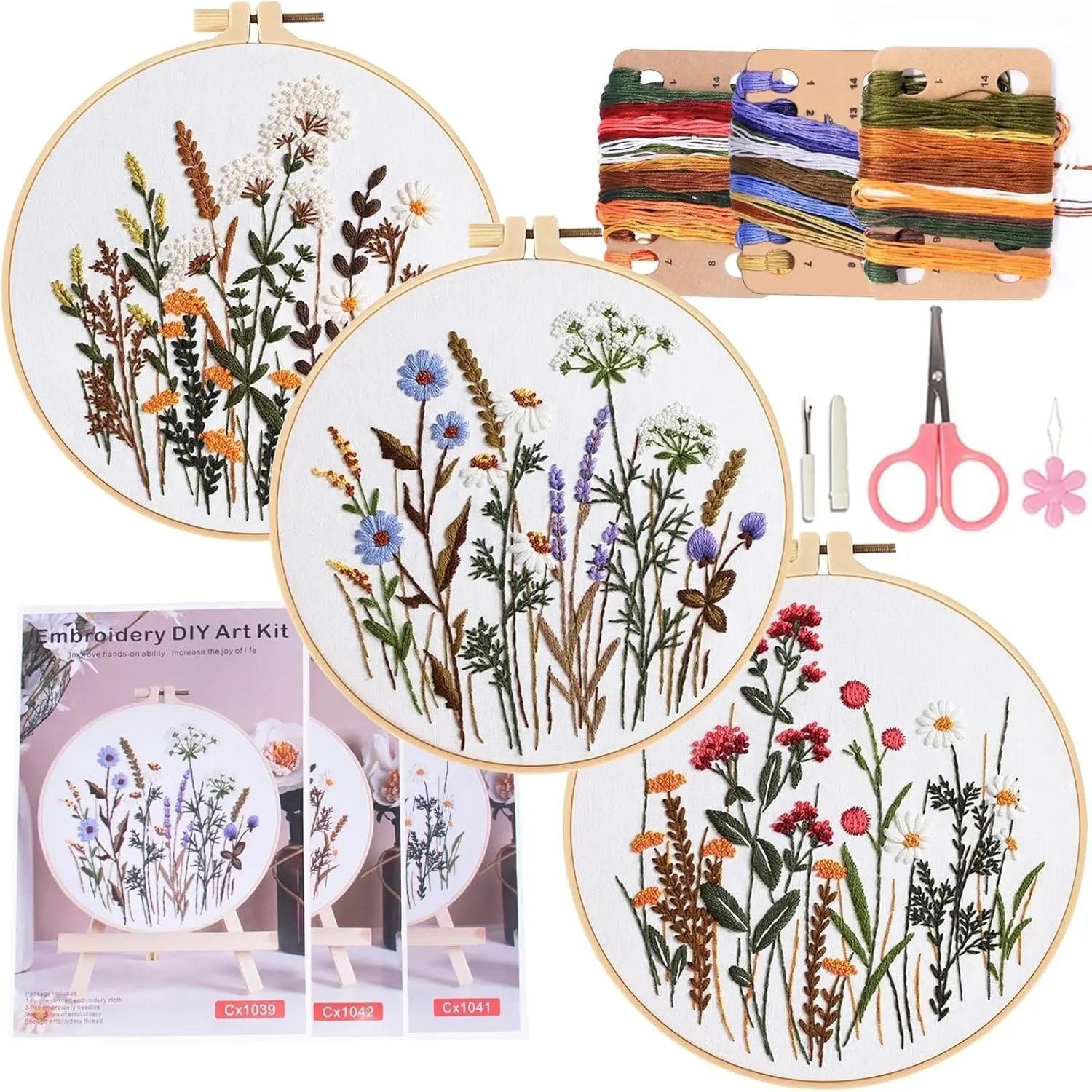 3 Sets Flower Pattern Embroidery Kits for Beginners & Adults, Hand Embroidery Practice Kit with Easy Instructions and VideoGift