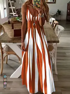 2026 Summer Minimalist Vertical Stripe Sleeveless Maxi Dress, Deep V Neck, Back Hollow Out, Slimming Cinched Waist, Versatile Wardrobe Staple