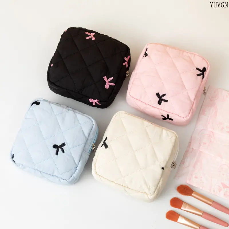 4PCS Quilted Bow Pattern Diamond Stitch Zipper Makeup Bags - Portable Mini Size Cosmetic Org. Gym Storage Pouches for Teen Girls Travel, Quilted Fabric