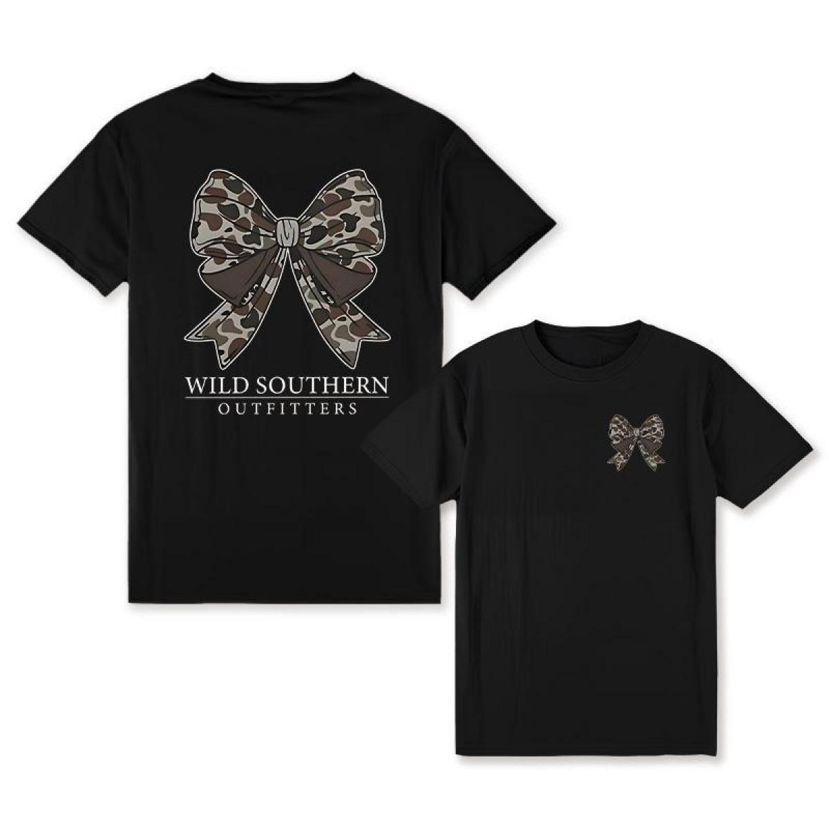 Retro Camo Bow Hunting Tee – Southern Style Cotton Shirt for Women, Perfect for Casual Wear