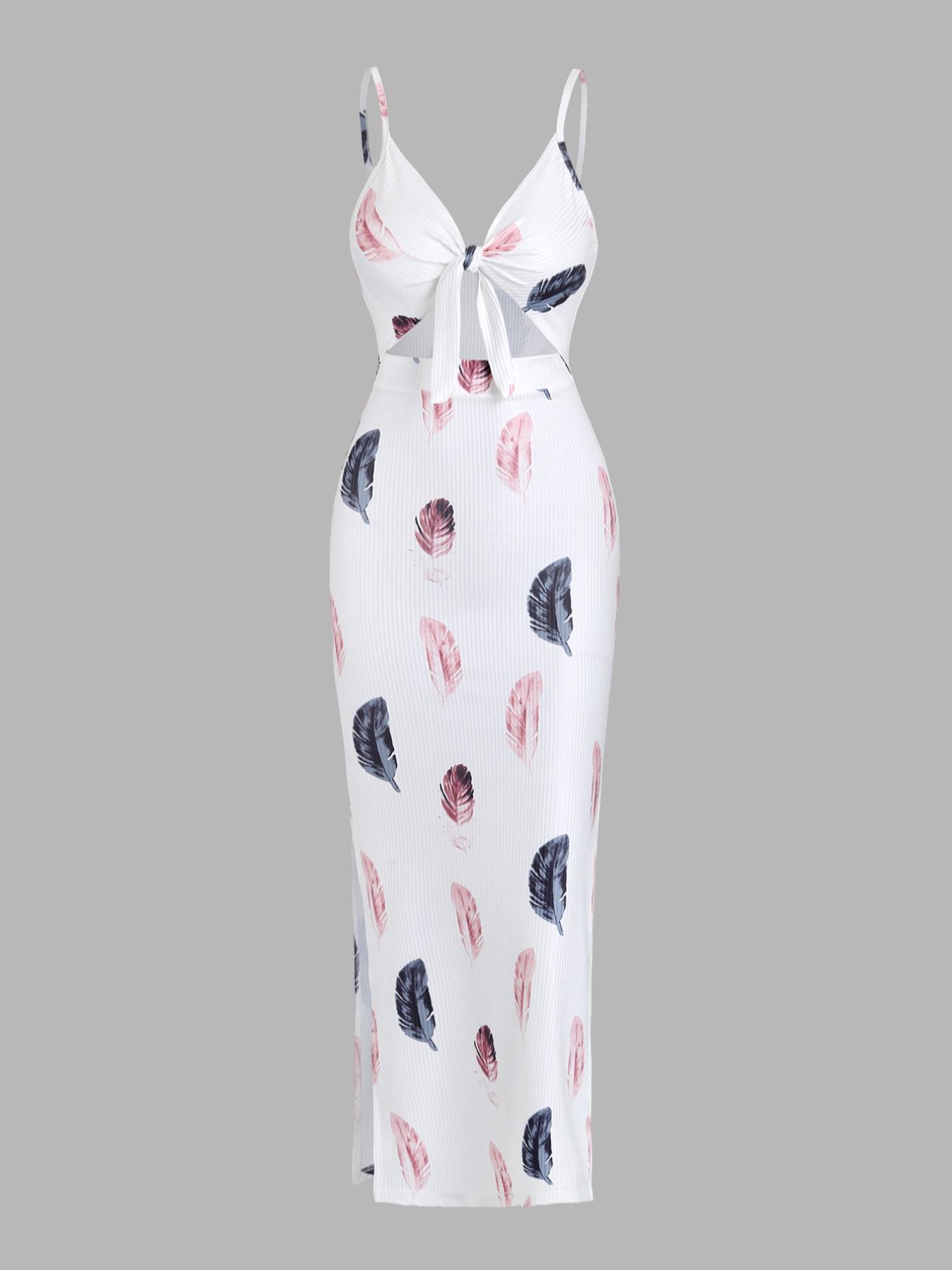 Women's Floral & Feather Print Cut Out Backless Cami Dress Adjustable Strap Split Thigh Long Dress for Summer, Ladies Clothes for Beach Holiday Boho Sleeveless Dress