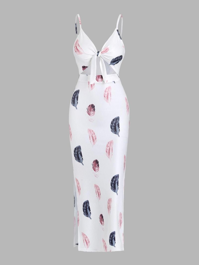 Women's Floral & Feather Print Cut Out Backless Cami Dress Adjustable Strap Split Thigh Long Dress for Summer, Ladies Clothes for Beach Holiday Boho Sleeveless Dress