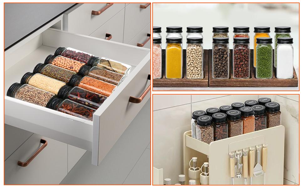 24pcs Spice Jars with180 Labels,Glass Spice Jars, Seasoning Containers,Seasoning Organizer,Include black metal lid, pen, grinder, stainless steel funnel, two type inner plugs