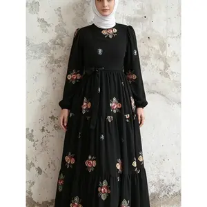 Bohemian Long Dress with Fluffy Sleeves, Elegant Floral Embroidery, Perfect for Muslim Women During Ramadan and Eid, Muslim Dresses