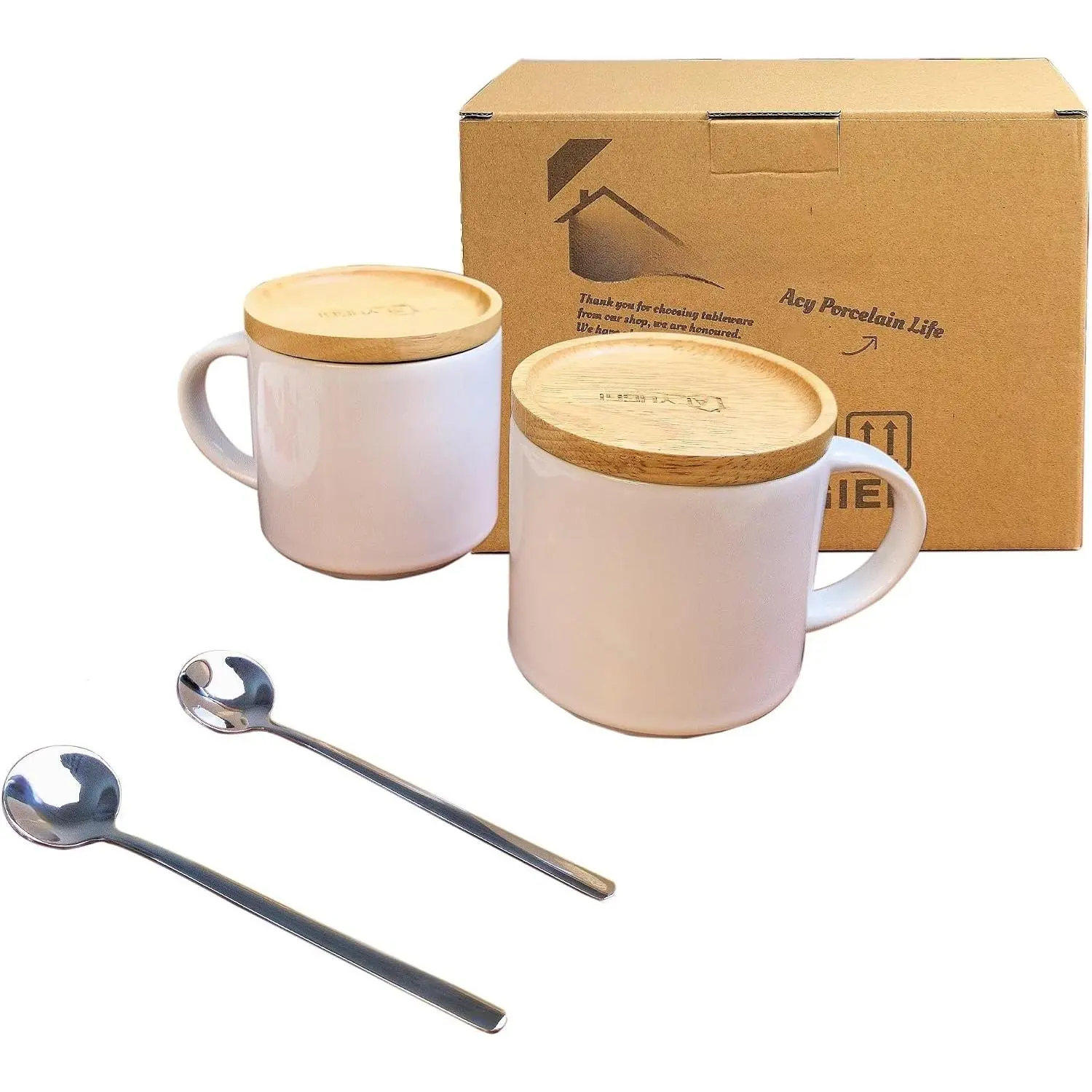 14 oz Ceramic Coffee Mug Set of 2 with Solid   & Spoons – Stackable White Mugs, Microwave/Dishwasher Safe, Heat Resistant – Ideal Housewarming Wedding  for Women Men
