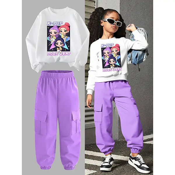 ChillGRL Kids 2pcs/Set,4‑7Y KPOP Graphic Print Long Sleeve Top & Jogger Cargo Pants Set,Streetwear Style,Autumn Winter Outfit  >