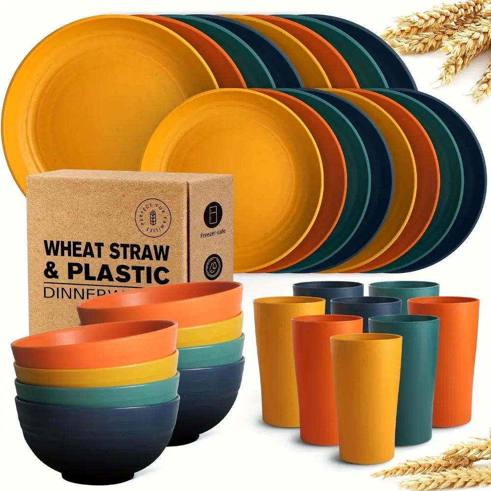 Mind Blowing! 32Pcs Wheat Straw Dinnerware Set, Unbreakable Colorful Dishes For 8 People Camping & Home Use