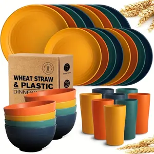 Mind Blowing! 32Pcs Wheat Straw Dinnerware Set, Unbreakable Colorful Dishes For 8 People Camping & Home Use